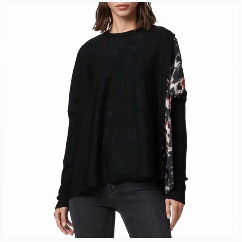All Saints Black Koko Wing Wrap Mixed Media Merino Wool Sweater Womens Small